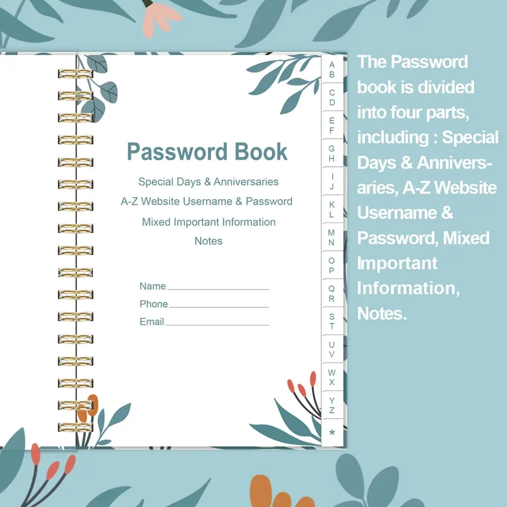 LABON Custom Size Simplified Password Book Keeper Journal Notebook With Alphabetical Tabs