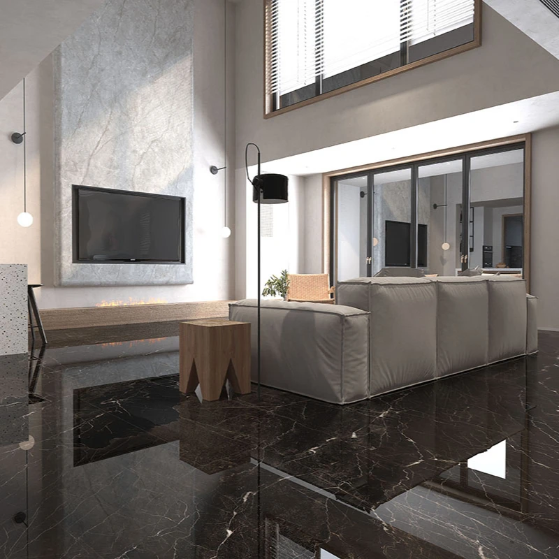 Italy natural stone look stick on bathroom floor 3d marble black tiles for house