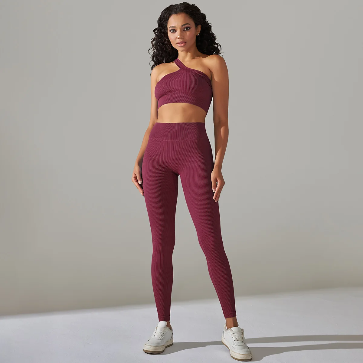 Women Ribbed Activewear Set Two Piece Seamless Bra Legging Set One Shoulder Sports Bra Set
