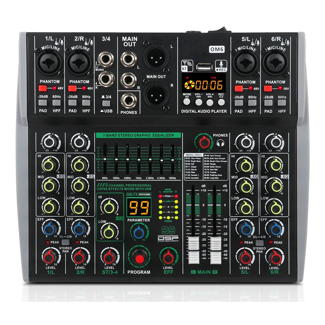 6 Channel DJ Audio Mixer with 99 DSP Reverb effect BT 5.0 USB Mixer USB for karaoke PC recording Microphones