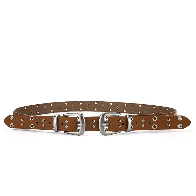 Factory OEM Double Grommet PU Leather Punk Rock Jeans Metal Men Belt Brown Fashion Belts for Ladies Leather Belt Women
