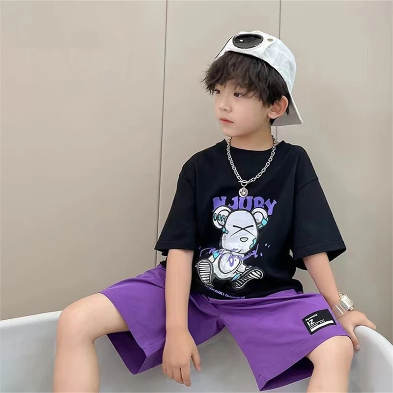 Summer Children Boy Clothes Set Kid Girl Letter Cartoon Bear Tshirts and Shorts Suiy Teenage Short Sleeve Top Bottom Outfits