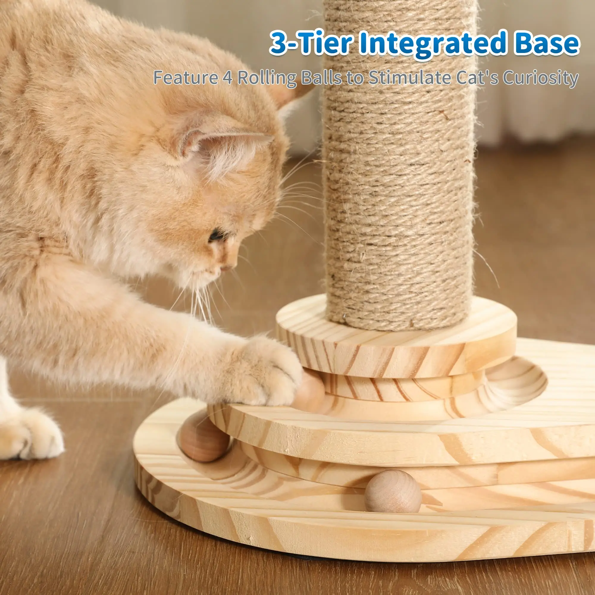 Sustainable Wood Cat Scratching Post with Trackball & Hair Brush Interactive Indoor Cat Self-Groomer & Toys