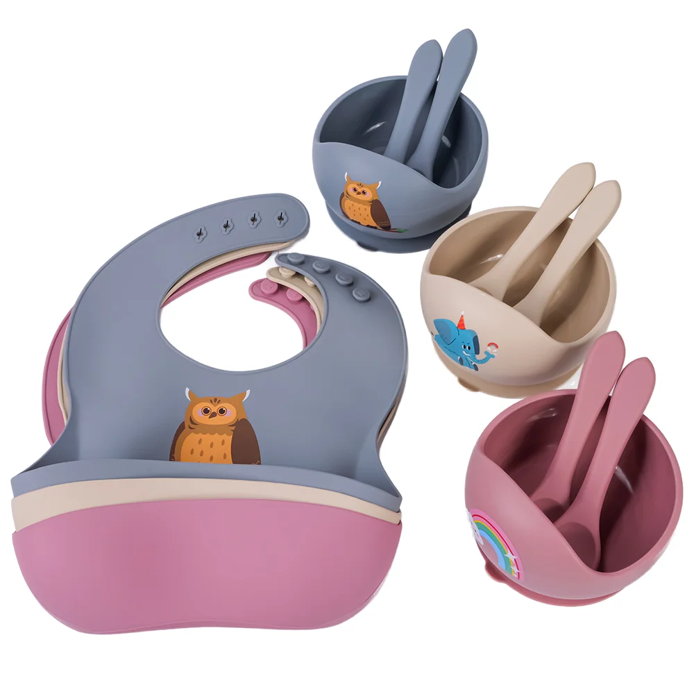 Low Price Promotional OEM Food Grade Silicone Spoon Bib And Bowl Set Tableware Silicone Baby Feeding Suction Bowl
