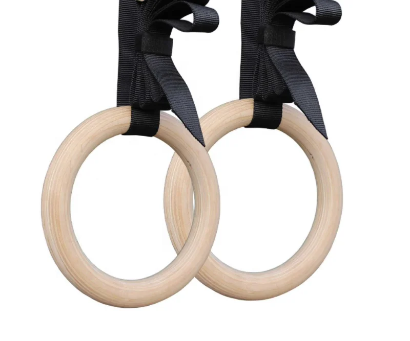wholesale wooden gym rings wood gymnastic rings with adjustable grip straps wooden gymnastic rings