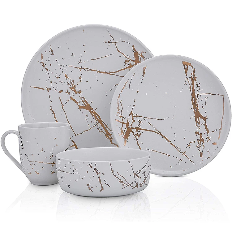 Luxury Modern Gold Marble Designer 16 Piece Germany Western Porcelain Ceramic Fine China Dinnerware Set For 4 Person