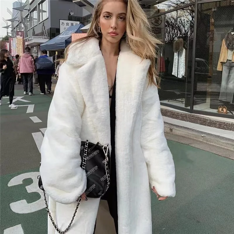 Fluffy  Oversize Faux Fur Coat Winter Warm Long White  Women with Hood Lapel Sashes Loose Korean Fashion 2021 Outerwear