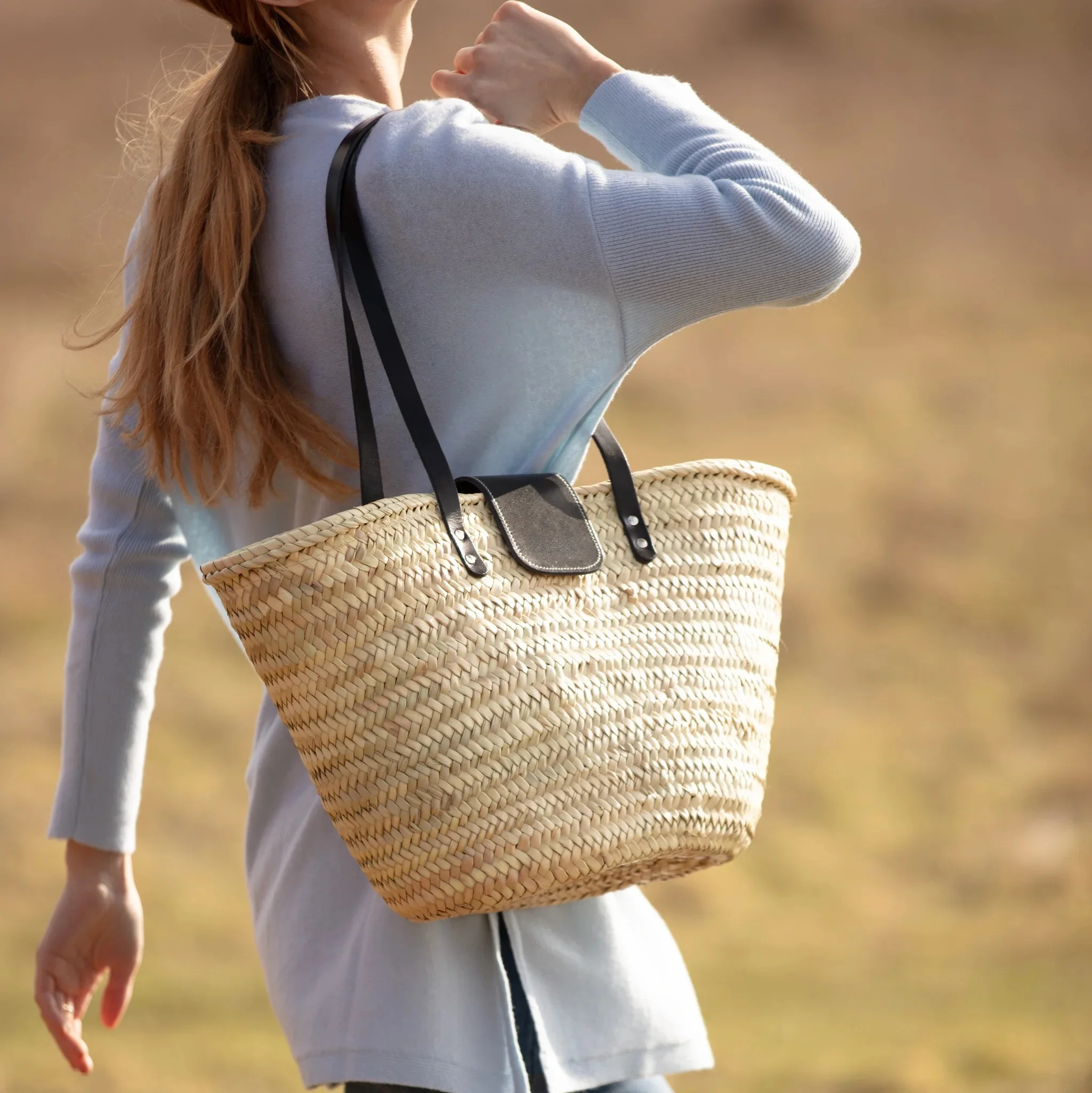 Handwoven Moroccan Basket Bag Beach Summer bag Straw Basket Bags With Black Leather Handles