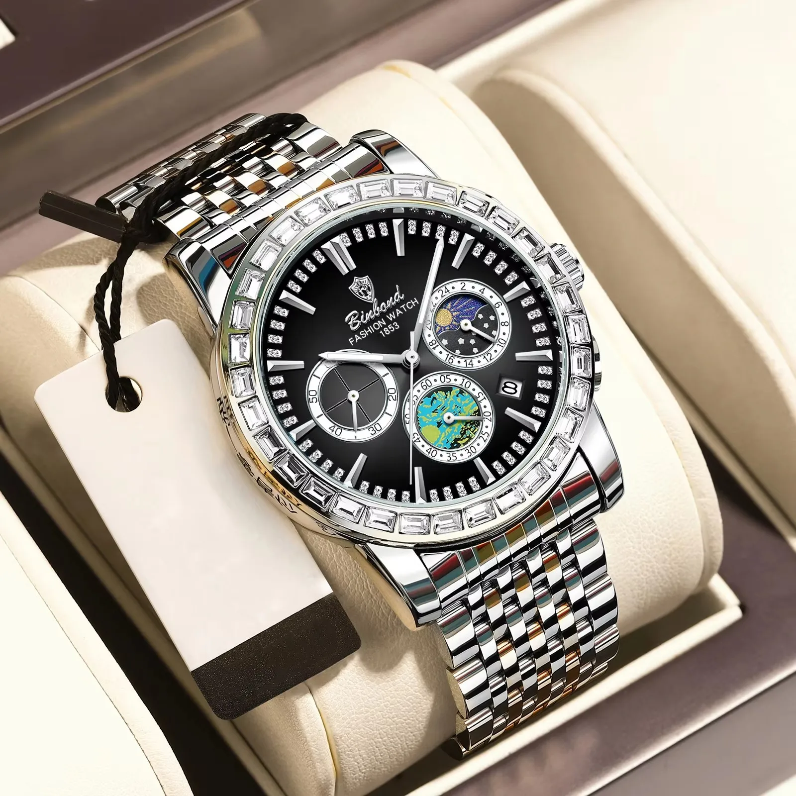 Binbond 8632 B8632 Luxury Male Wristwatch Luminous Hands Date Display Stainless Steel Diamonds Dial Design Fashion Men Watches