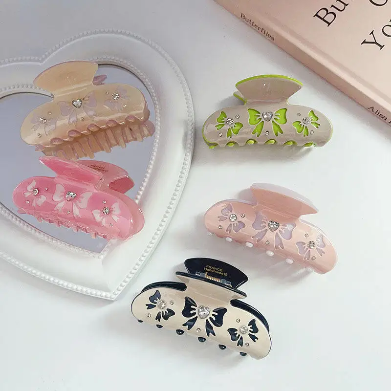 Wholesale custom baby hair claw clips girls rhinestone pink diamond bow hair accessories for children