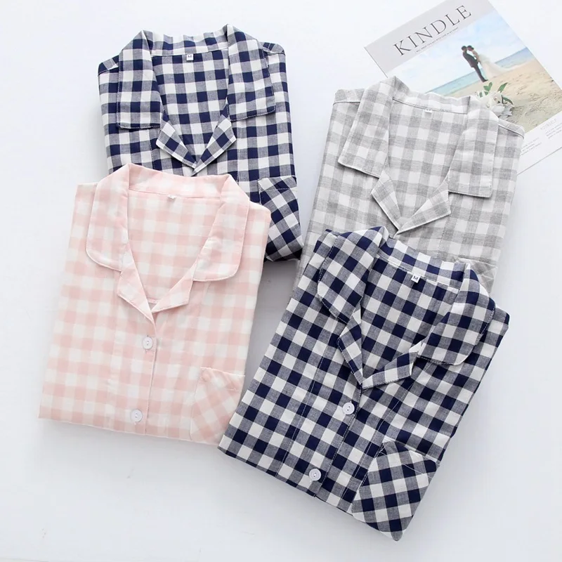 High Quality Casual Grid Two Piece Cotton Couples Sleepwear Sets Women Yarn Dyed Pajamas