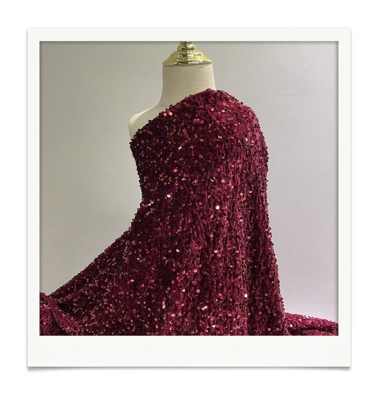 Burgundy  heavy luxury  velvet 5mm  sequin solid embroidery fabric for  party dress