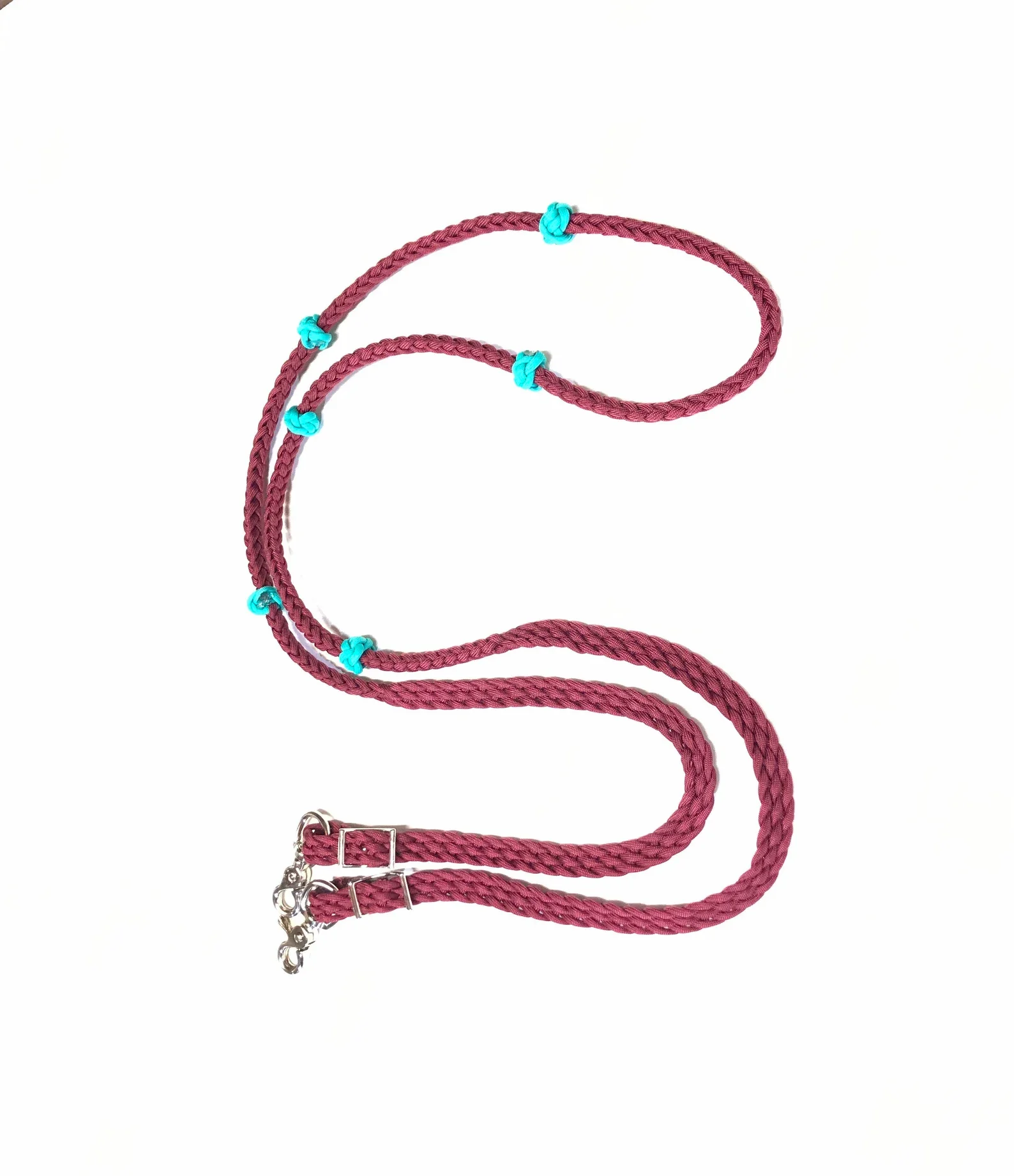 personalized length western tack barrel hand braided  burgundy paracord barrel racing reins with grip knots