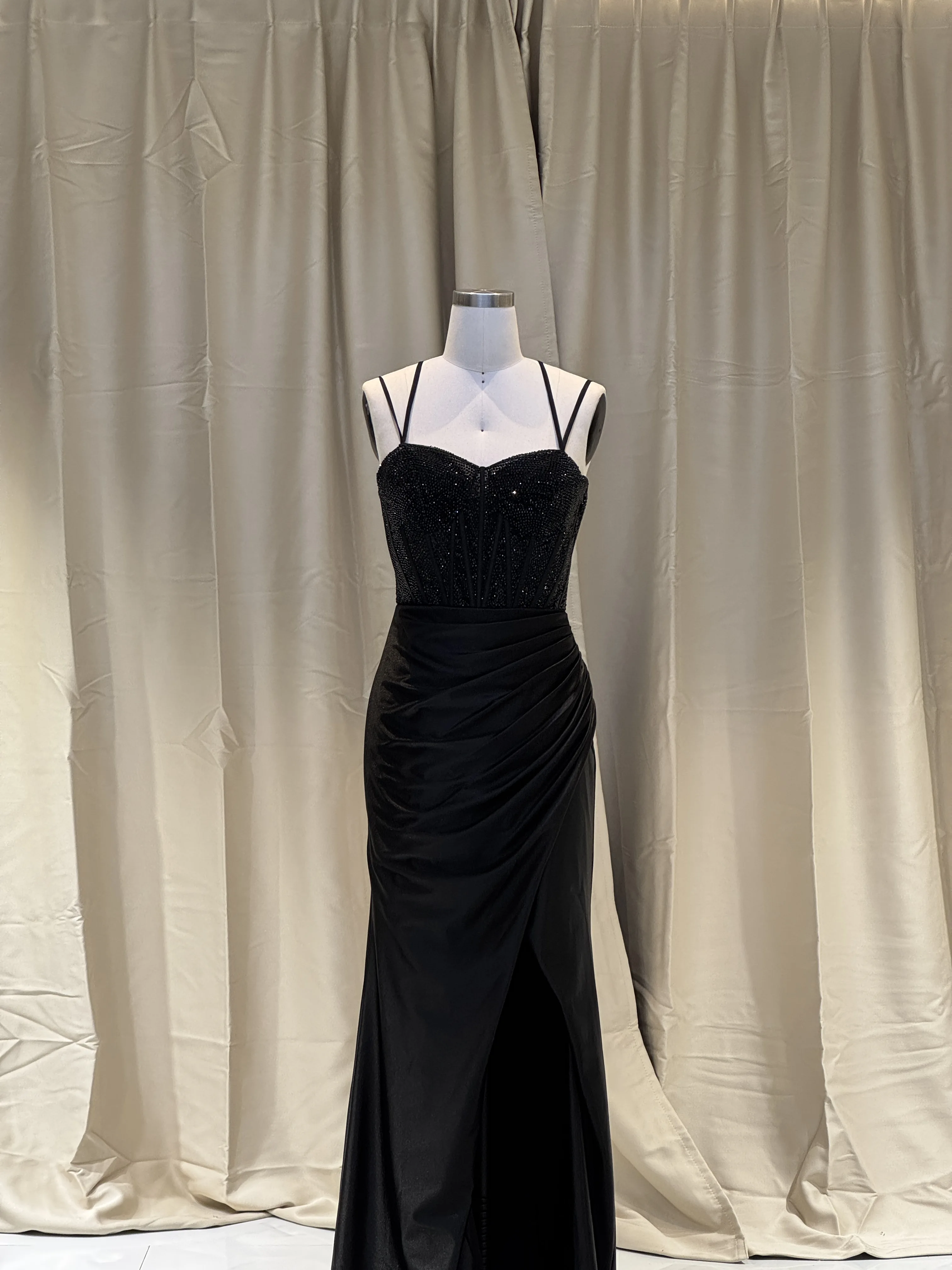 2025 Elegant Satin Mermaid Corset Side Split Evening Prom Dresses Black Beaded Long Sleeve Hand Pleated Cotton Fabric Summer