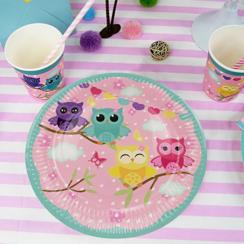 For 8 Guests-Party Supplies Owl Theme Tableware Sets Disposable Paper Plates Cups Napkins Kids Girls Birthday Wholesale