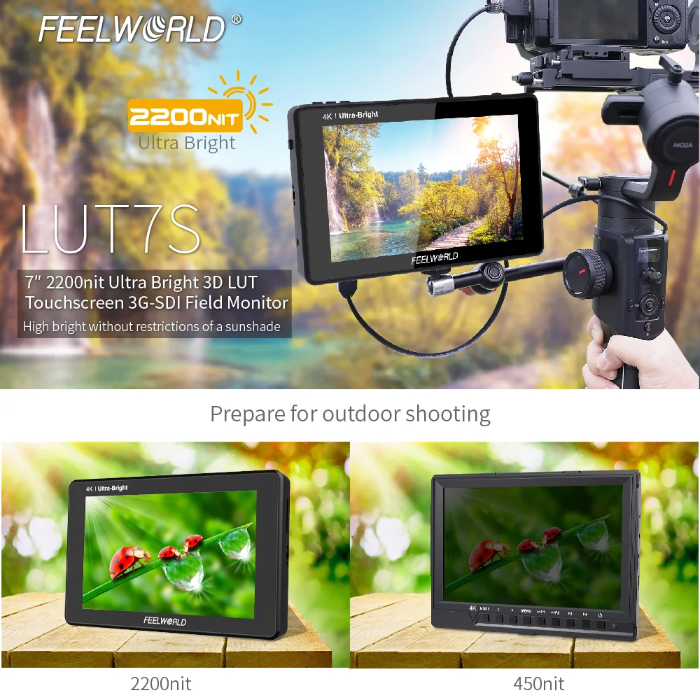 FEELWORLD LUT7 7 inch Field Monitor Ultra Bright 2200nit Touch Screen 3D LUT 4K HDMI Input/Output Full HD 1920x1200 IPS, Wavefor