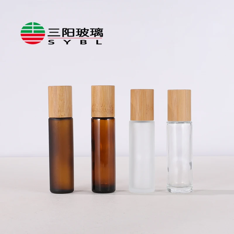 15ml amber matte clear frosted cobalt roll on glass perfume bottle stainless roller ball with bamboo cap for Essential Oil