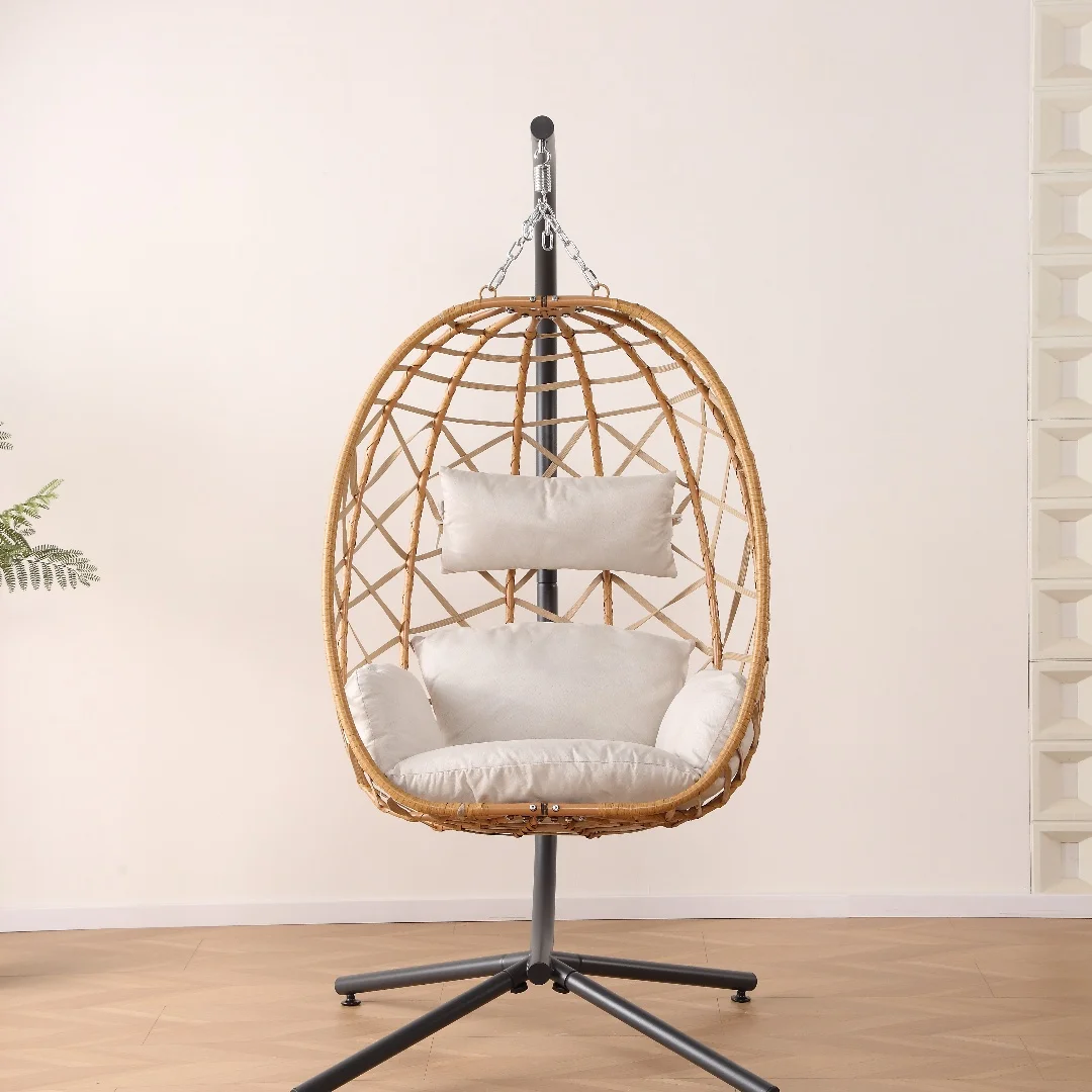 Hanging Egg Chair with Stand - Indoor Outdoor Patio Wicker Rattan Lounge Chair with Stand, Steel Frame. UV Resistant Washable