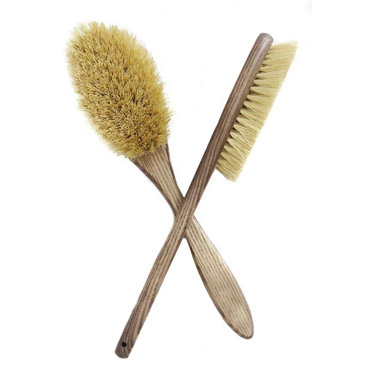 Private Label Ash Soft Sisal Dry Hard Bristles Natural Long Wood Handle Shower Body Massage Bath Brush Set