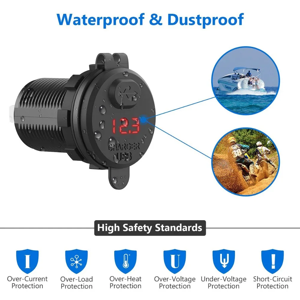 Quick Charge 3.0 USB Car DC5V -12V Charger Socket Digital Display Voltmeter with ON-OFF Switch for Car Motorcycle ATV