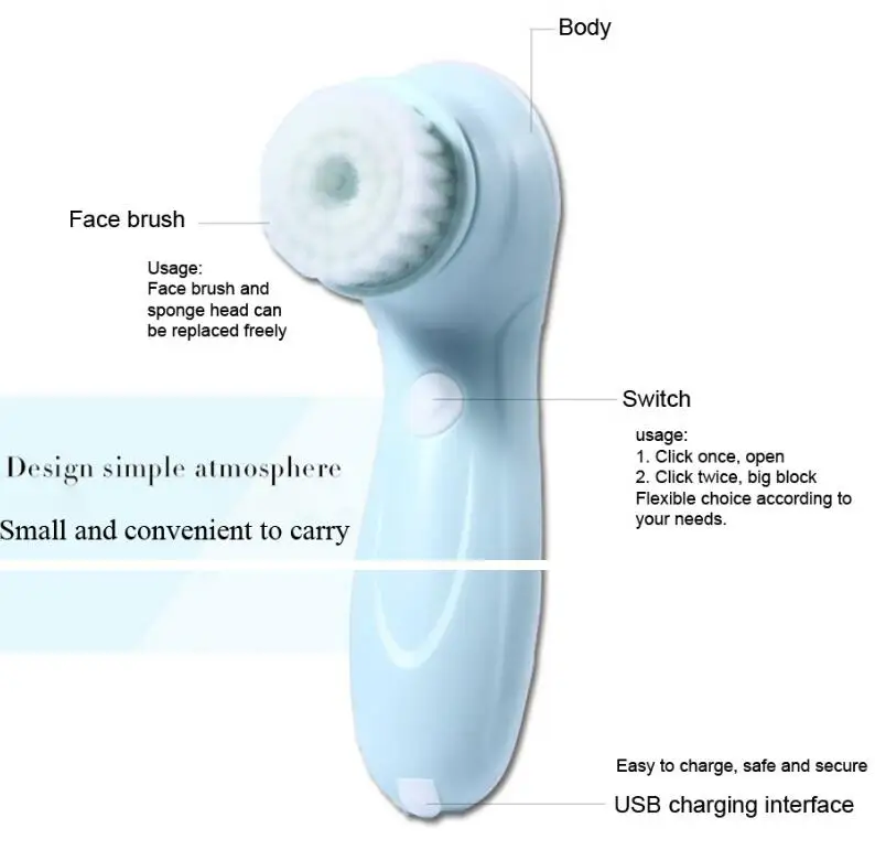 
Rotation Sonic Face Cleansing Brush 3 Heads Deep Pore Cleaner Waterproof Facial Massage USB Rechargeable Facial Wash Brush 