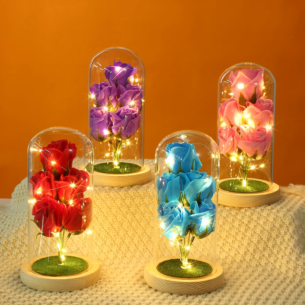 Love Roses in Glass Tube Dome Everlasting Flower Rose Stem Flower Glass Dome Soap Rose