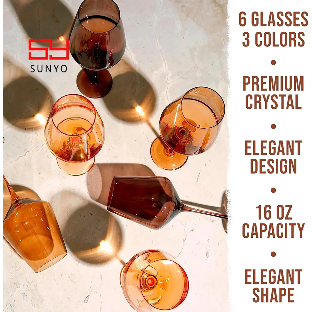 SUNYO 16.5oz Venus Collection Glassware Elegant Colored Wine Glasses Set of 6 Stemmed Brown Wine Glass With Thin Rim