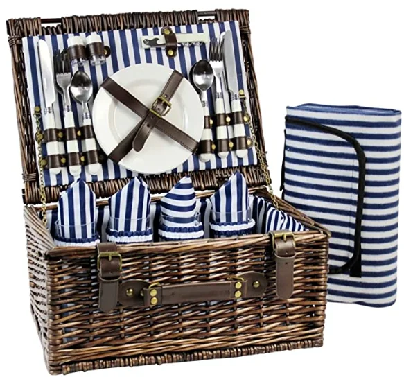 JY Rattan Willow Natural Hand Basket Outdoor Camping Basket Custom Wicker Picnic Hamper For 4 Picnic Wine Rack