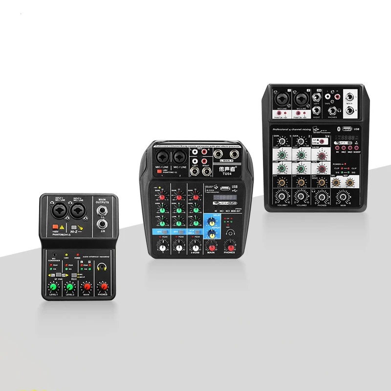OEM ODM Blueteeth Sound Card Digital Small 4-way Audio Mixer Professional Live Stage Usb Mini Home Audio System Mixer