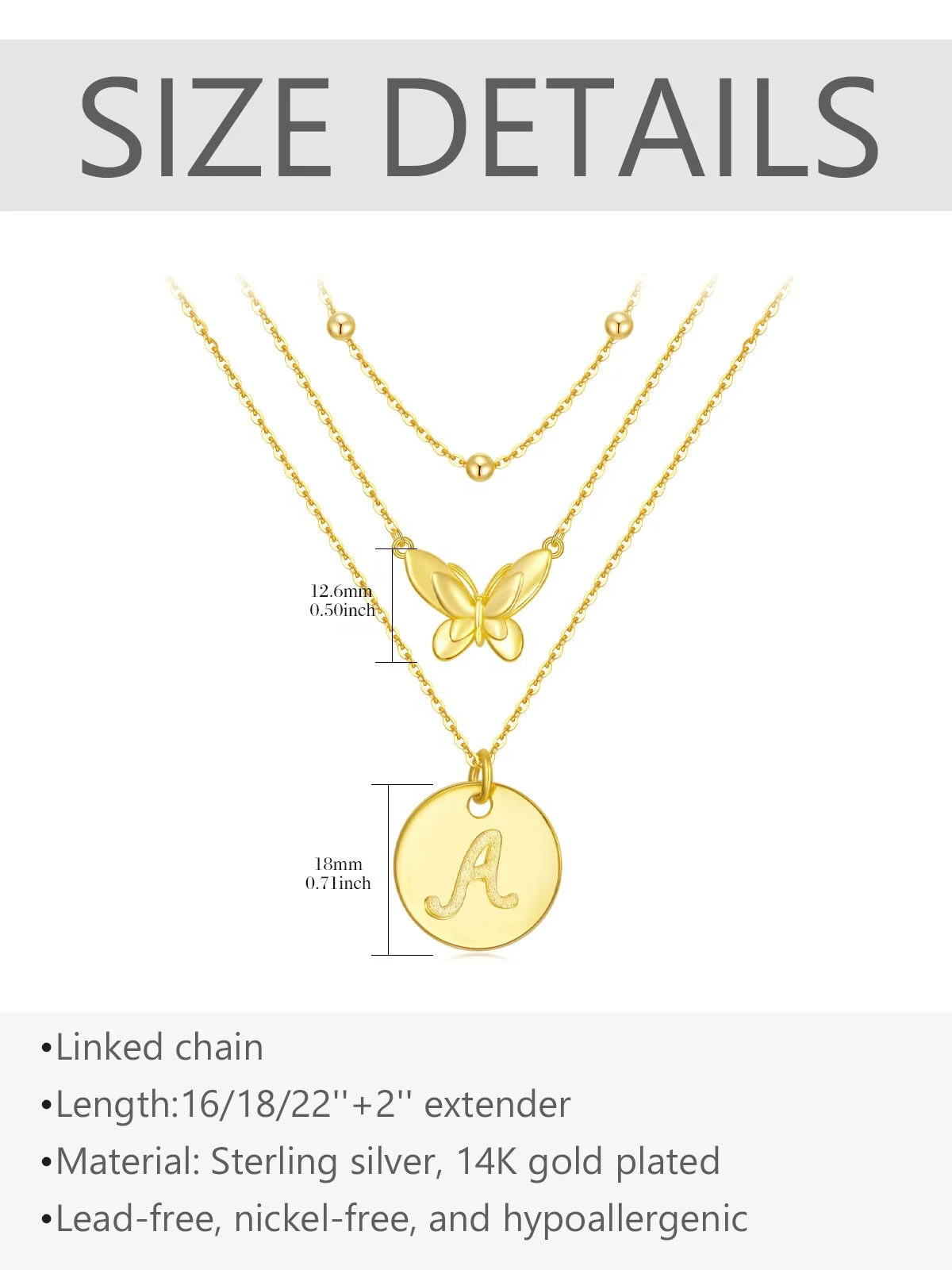 Round Alphabet Pendant 3 Lines Butterfly Necklace Initial 925 Silver 14k Gold Plated Letters A-Z Charm Necklaces Jewelry