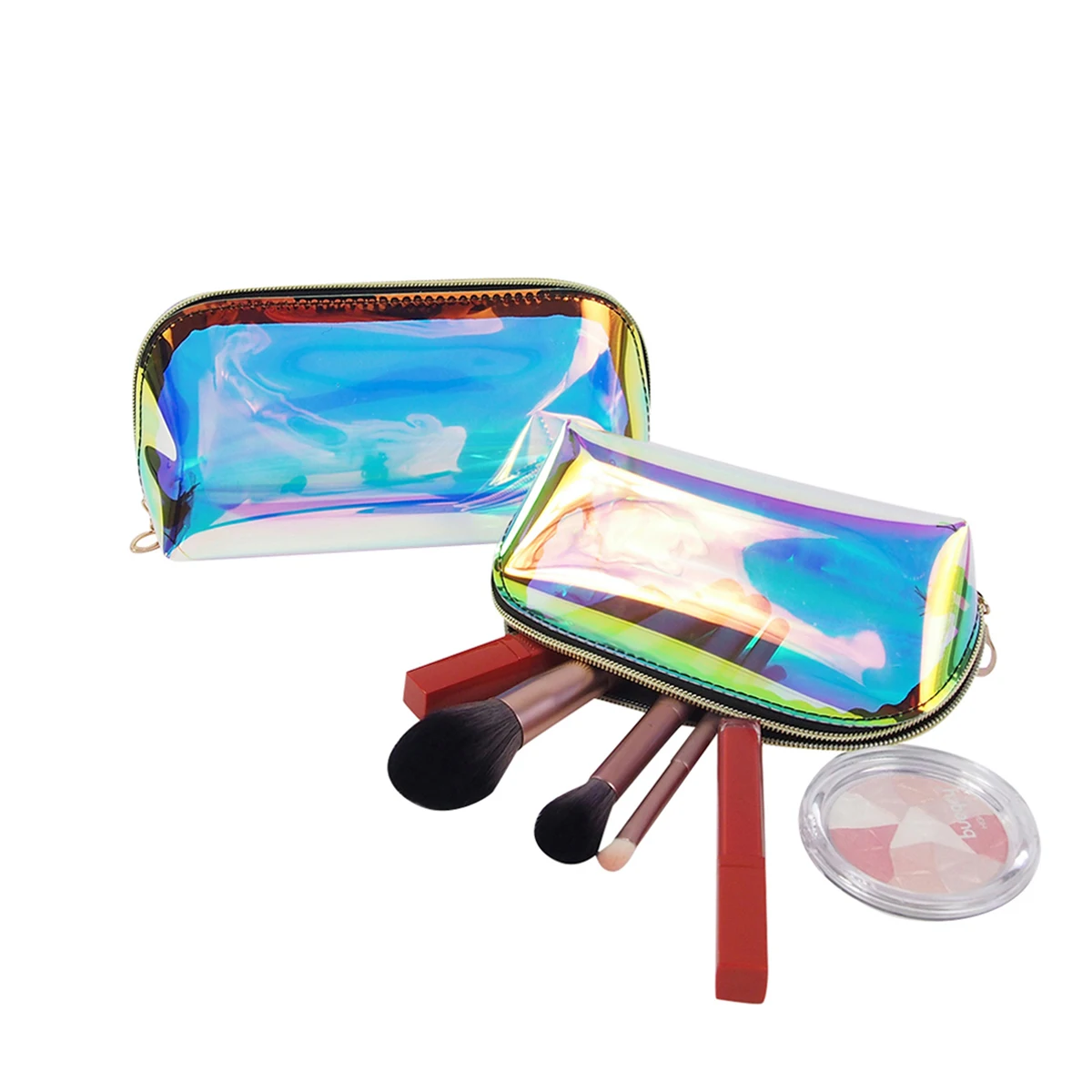 
Custom zipper gold makeup pvc tpu clear holographic laser cosmetic bags 