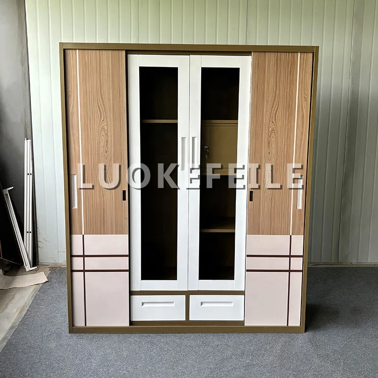philippine Indonesia design almirah iron sliding door mirror steel cloth storage cabinet closet metal wardrobe bedroom furniture