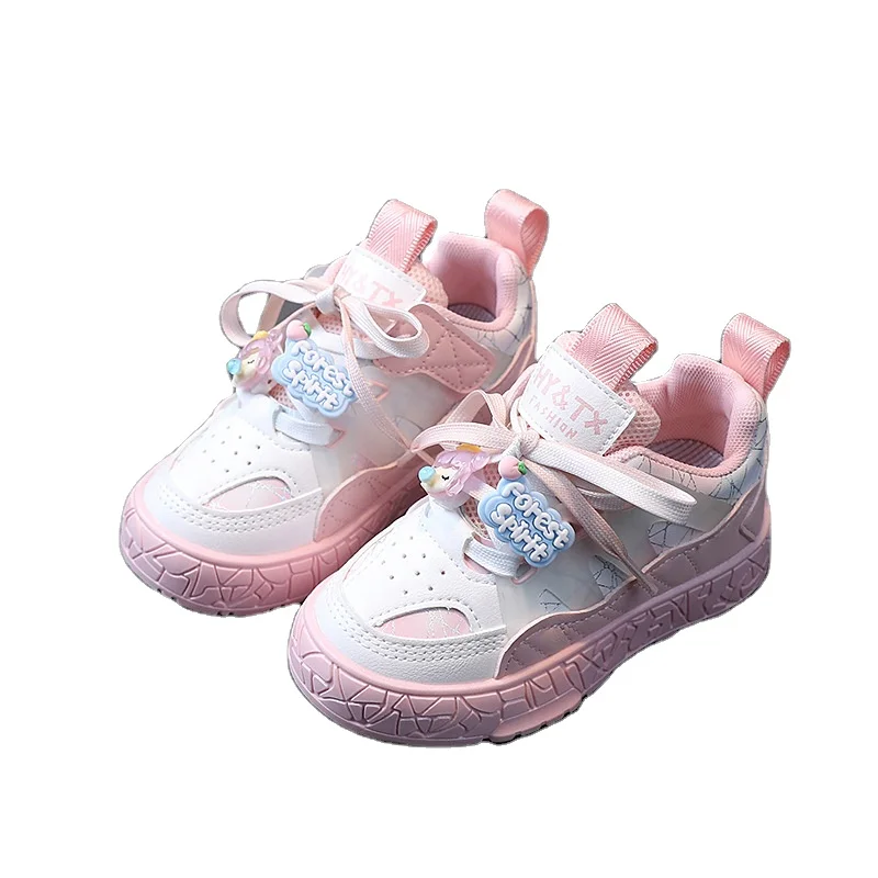 2023 girls fashion exquisite board shoes baby girl cartoon pendant lace-up casual shoes small children comfortable walking shoes