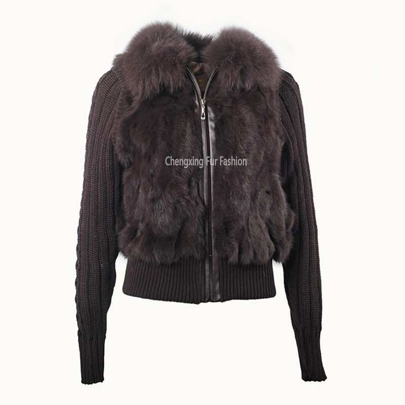 CX-G-A-283C New Natural Rabbit Fur Jacket With Real Fox Fur Collar Real Rabbit Fur Coat In Stock