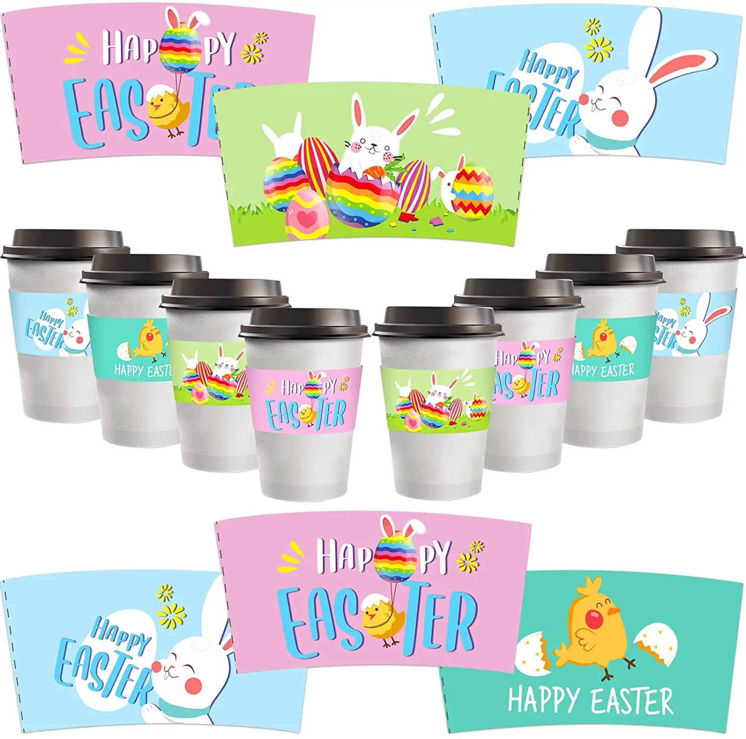 Happy Easter Coffee Cup Tea Cup Sleeves 12oz to 16oz Drink Cup Sleeves for Hot Chocolate Coffee Cocoa or Cold Beverage