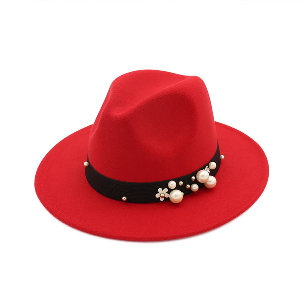 Fashion Autumn Wool Felt Fedora Top Jazz Hats Panama Caps With Pearls