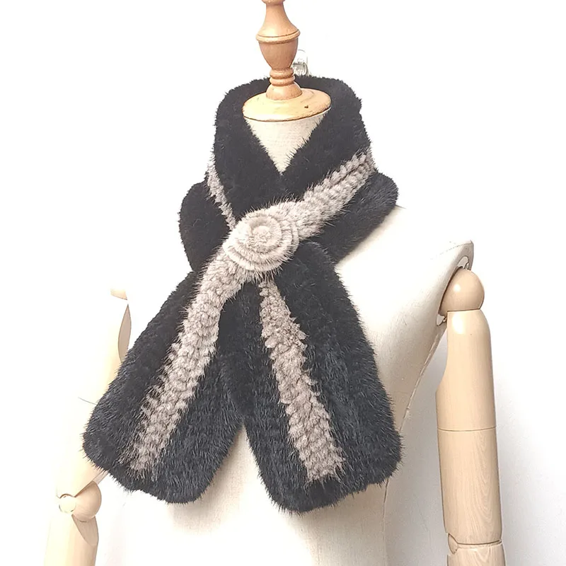 Women Knitted Real Mink Fur Scarf White Fashion Warm Winter Genuine Fur Scarves With Tassel Female Natural MInk Fur Neck Warmer