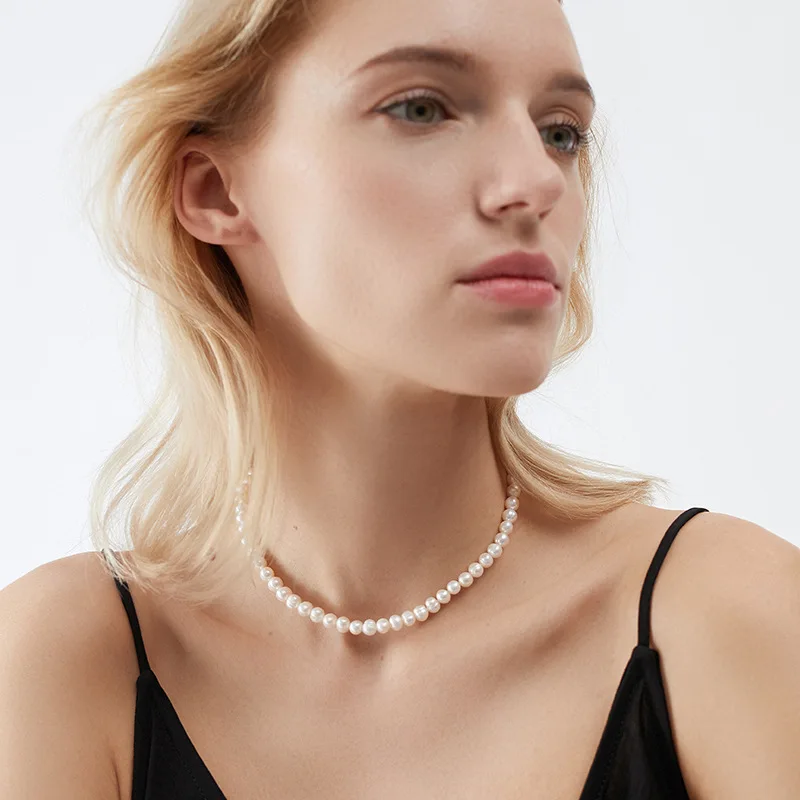 New Style Fashion  6-7mm White Cultured Freshwater 925 silver simple clavicle chain Pearl Necklace