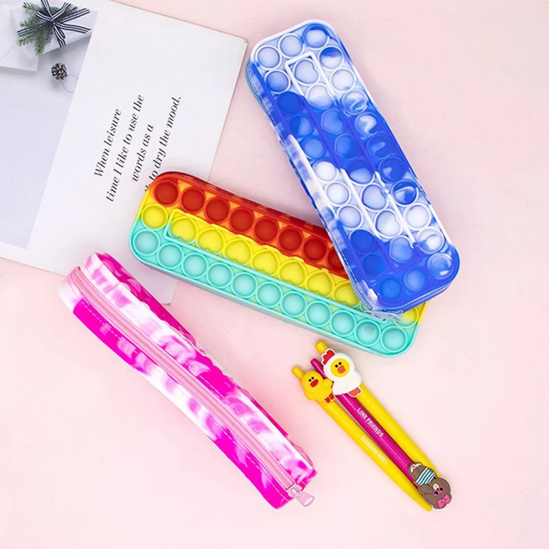 New design Rainbow Silicone Pencil Case Fidget pop itting pencil case for students