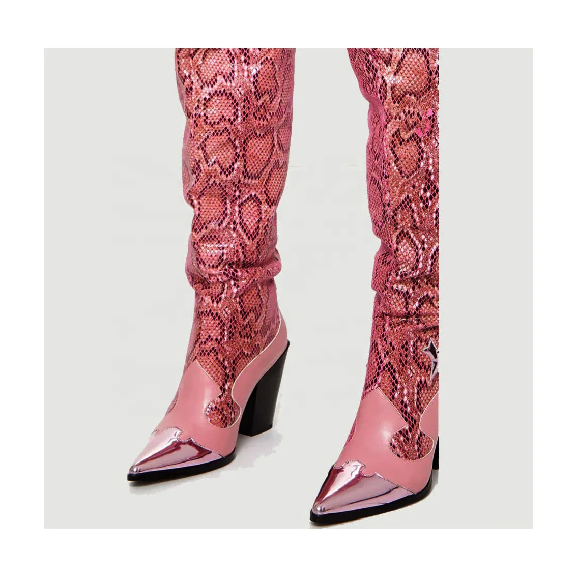 women pink cotton mesh fabric with snake print leather chunky heel thigh high boots