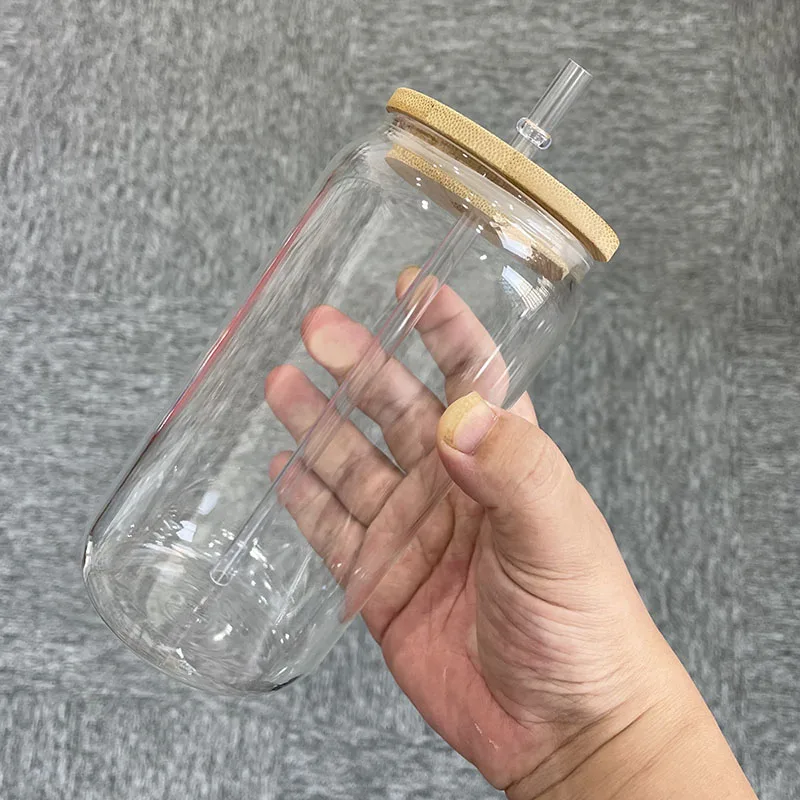 US Warehouse 12oz 16oz DIY blank sublimation beer glass can with bamboo lid and straw Clear Beer Glass for sublimation printing