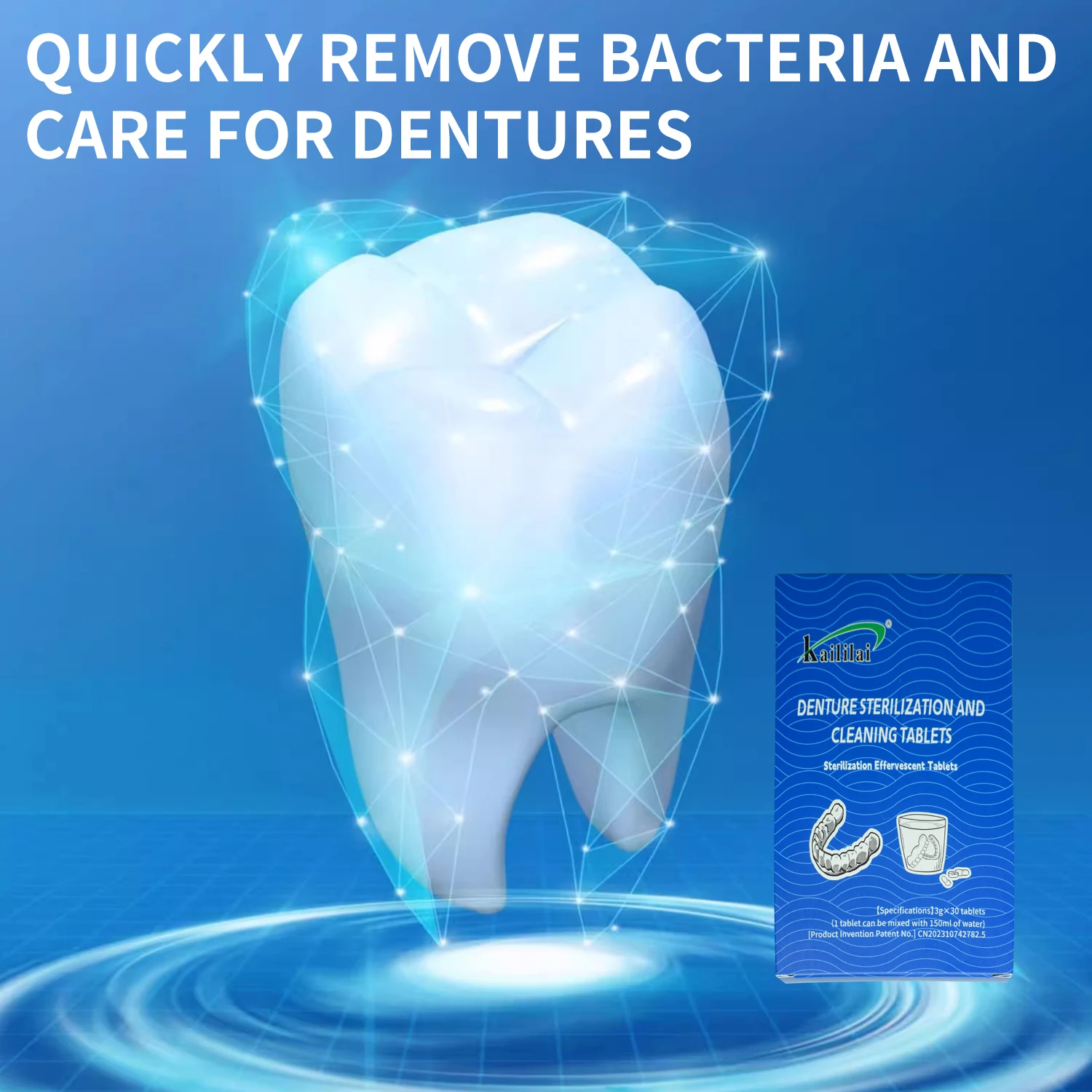 Antibacterial 30-Packs Effervescent Denture Cleaning Tablets Natural Stain Removal for Tooth Retainer Calibration