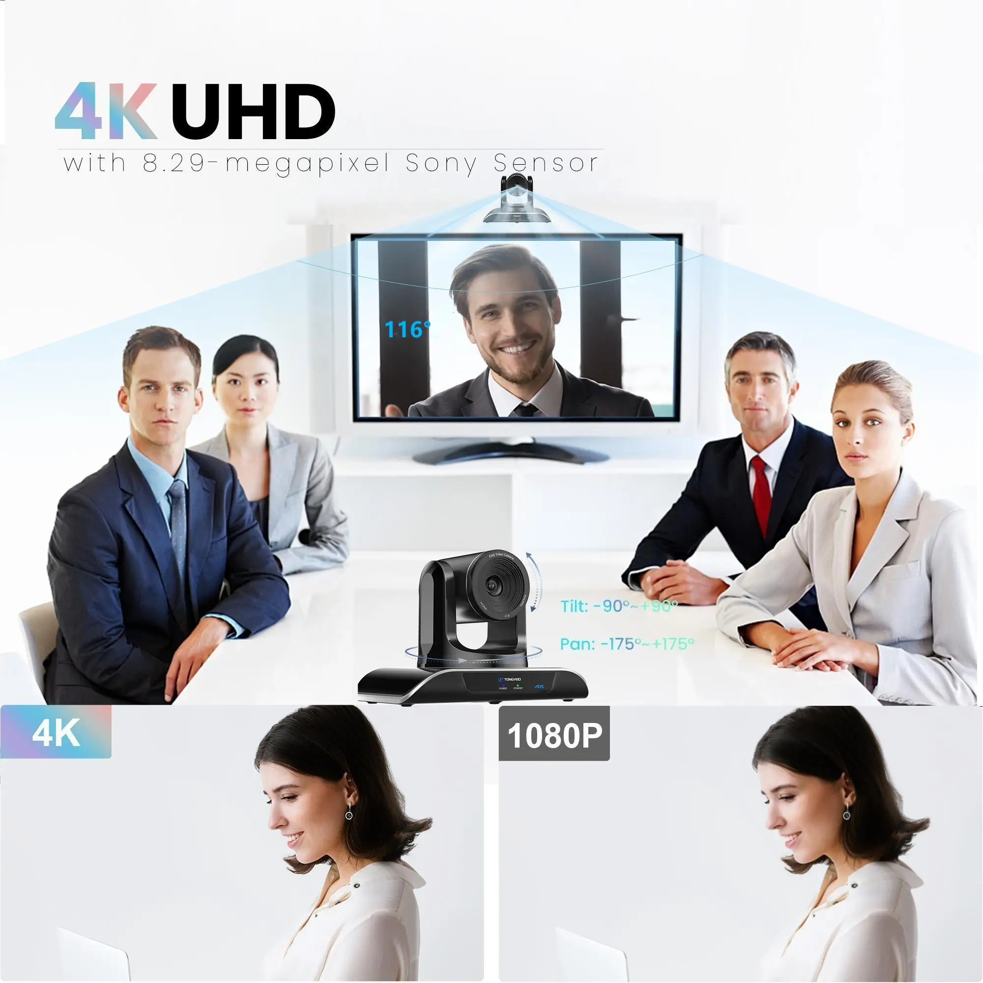 Hot Sale Tongveo 4K PTZ Camera USB Auto-Tracking Camera with 5X Digital Zoom for Video Conference