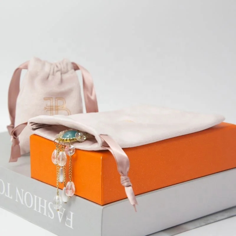 Custom Logo Printed luxury Pink Gift Velvet Drawstring Pouch cosmetic Bag with Pink ribbon