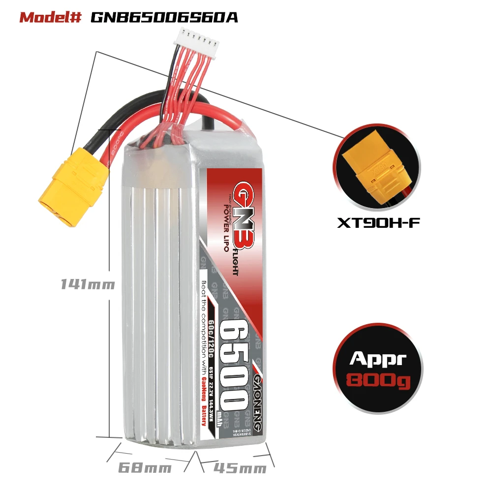 GNB GAONENG 6500mAh 6S 22.2V 60C 120C XT90 RC Air Drone LiPo battery High Discharge C rating Performance helicopter