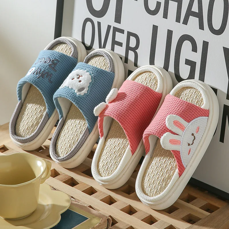 2022 Cartoon Bear Rabbit Linen Slippers For Children Floor Indoor Summer Shoes Cotton Mute Home  Non-slip Slides Slippers