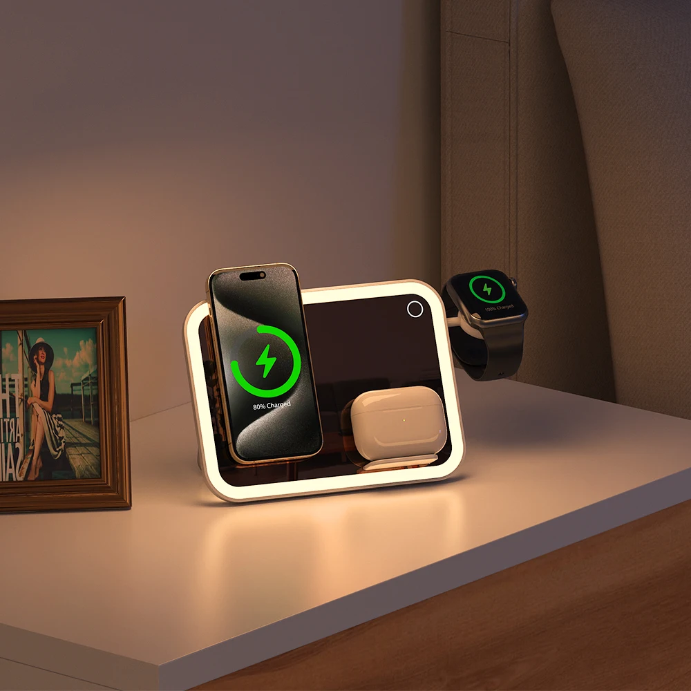 Night Light Table Lamp 3 in 1 Magnetic Wireless Charging Station LED Lighted Makeup Mirror QI2 Charger for iPhone/Watch/AirPods