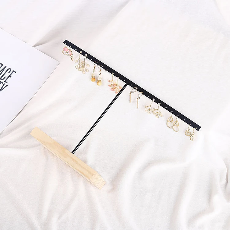 SHI SHENG Newly Black Metal T-shaped Jewelry Shelf with Wooden Bottom for Earrings Necklace Pendant Jewelry Display Stand