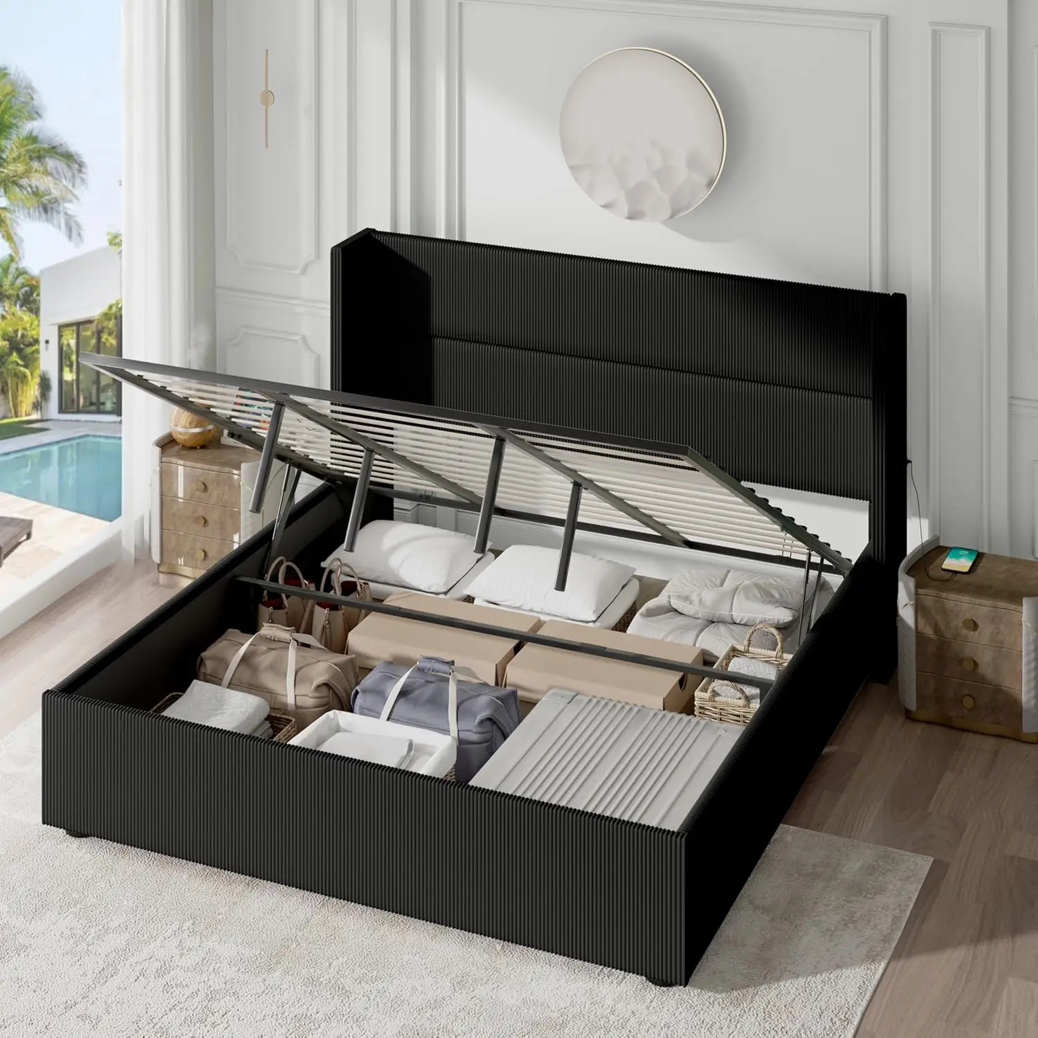 Noise-Free Underneath Corduroy Upholstered Wingback Headboard Hydraulic Bed Frame Queen Size Black Lift up Storage Double Bed