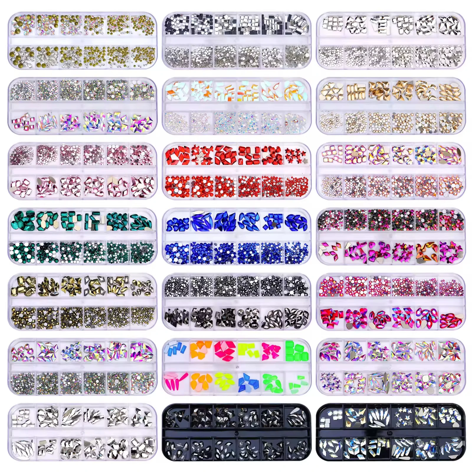 B9 Wholesale 12 Grid Flatback nail rhinestone Multicolor Various shaped Nail Art Rhinestones for DIY press on tips